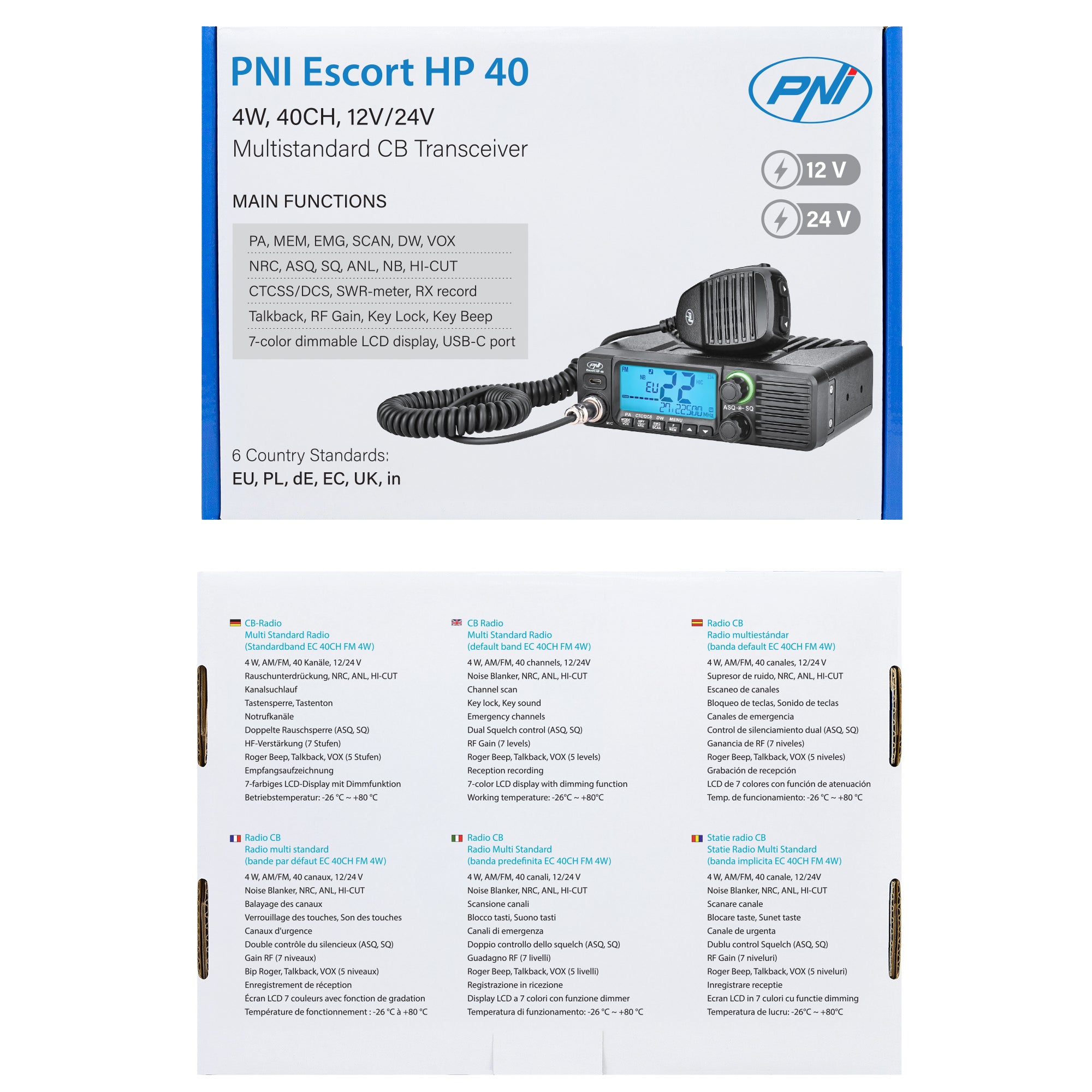 PNI Escort HP 40 Multistandard CB Radio – AM/FM 40 Channels, 12V/24V