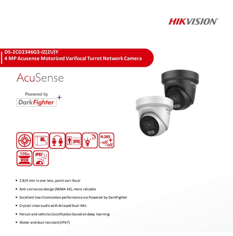 Hikvision DS-2CD2346G3-IZ2UY 4MP AcuSense DarkFighter Motorised Varifocal Turret IP Camera