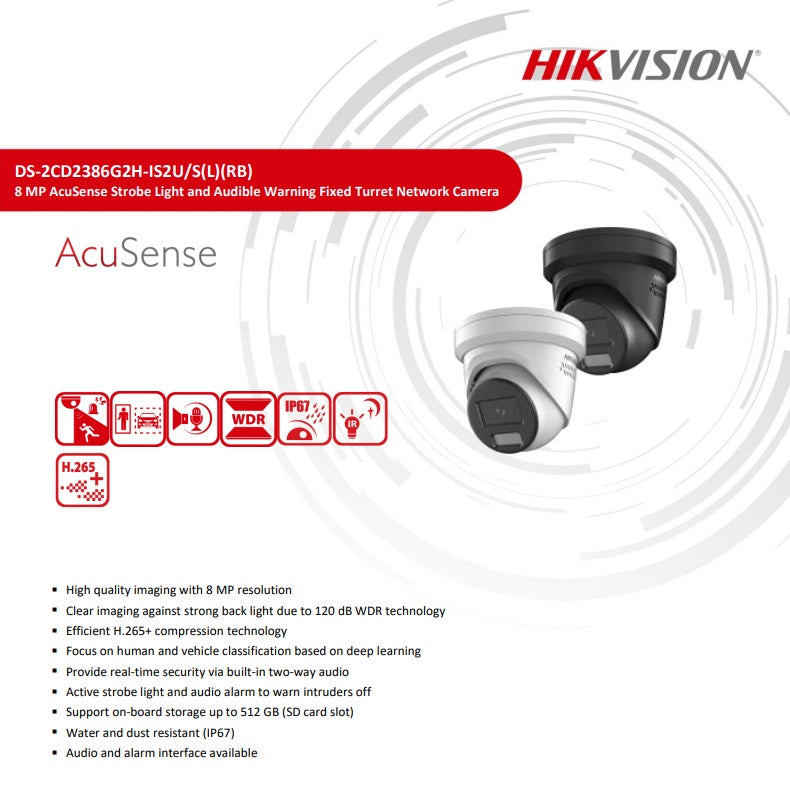 Hikvision DS-2CD2386G2H-IS2USL 8MP AcuSense Strobe Light & Audible Alarm Turret IP Camera