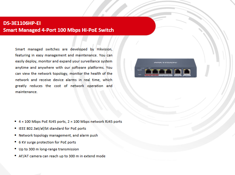 HIKVISION 4 Port PoE Smart Managed Switch DS-3E1106HP-EI