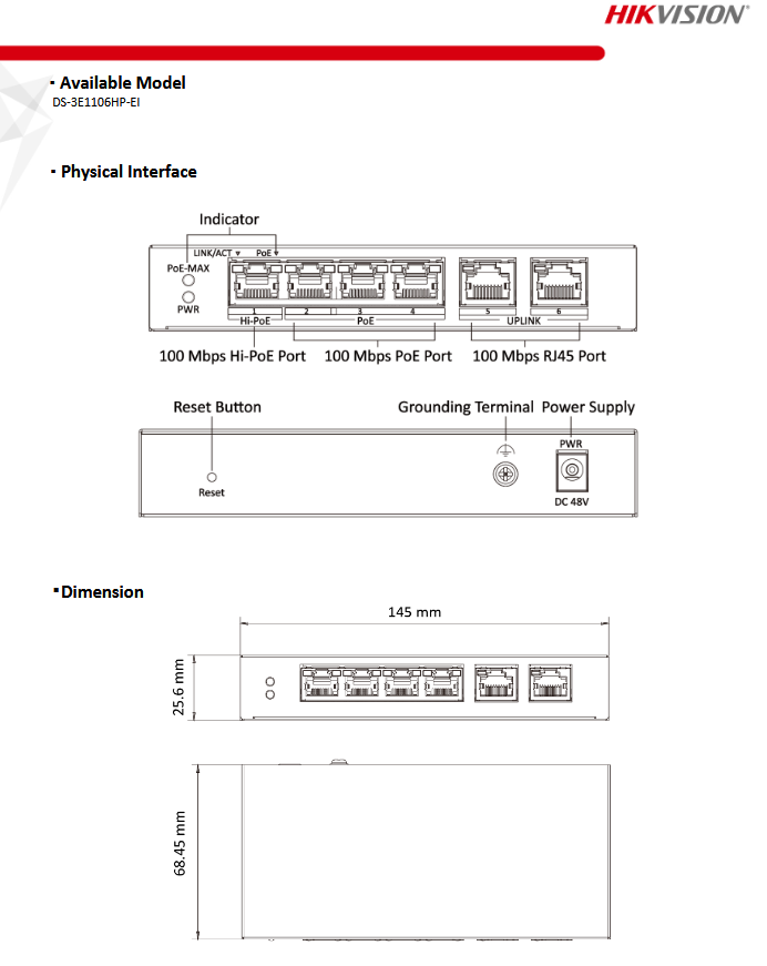 HIKVISION 4 Port PoE Smart Managed Switch DS-3E1106HP-EI