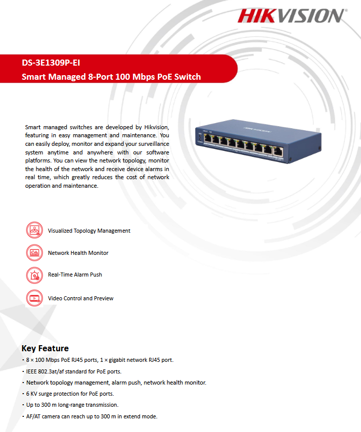 HIKVISION 8 Port PoE Smart Managed Switch DS-3E1309P-EI
