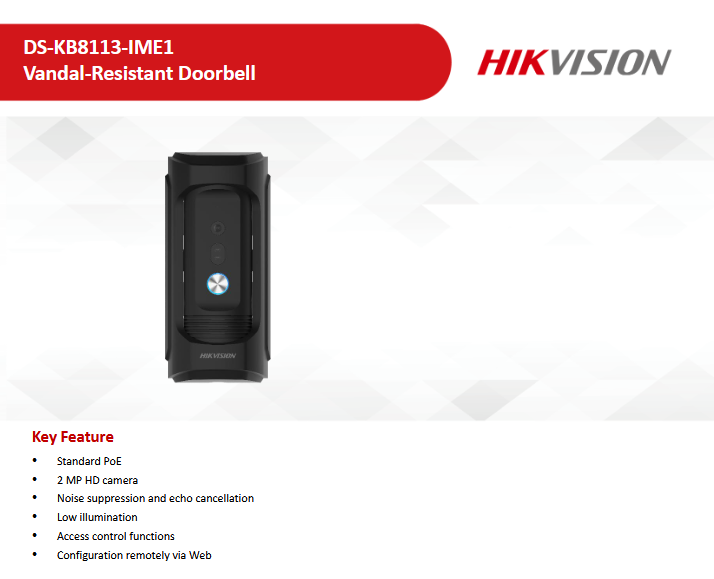 HIKVISION VANDAL-RESISTANT DOORBELL DS-KB8113-IME1