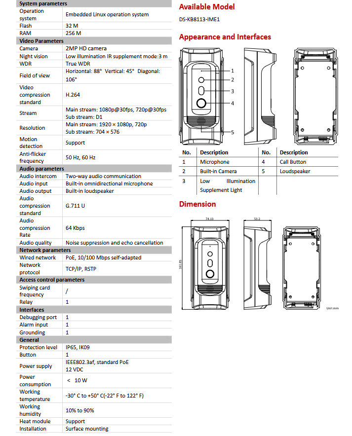 HIKVISION VANDAL-RESISTANT DOORBELL DS-KB8113-IME1