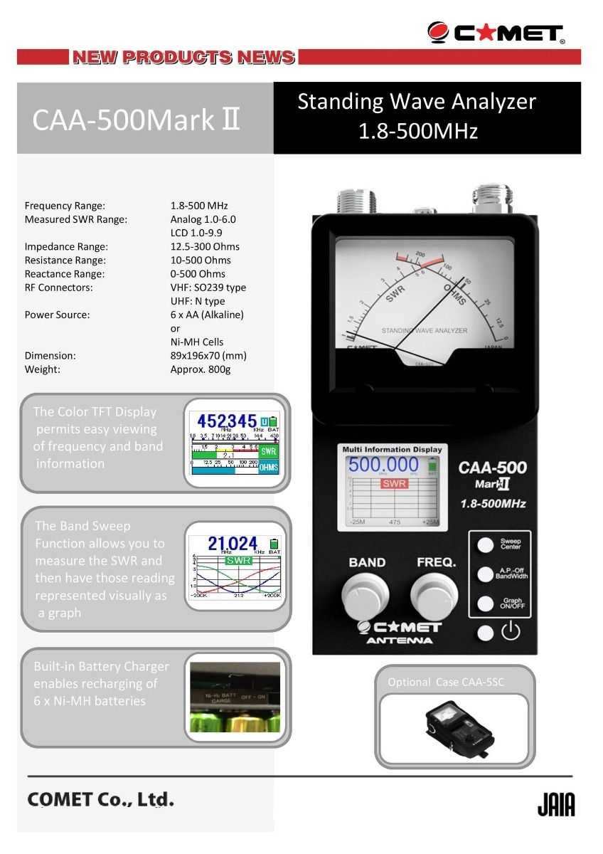 Comet CAA-500 Mark II antenna analyser official specification graphic