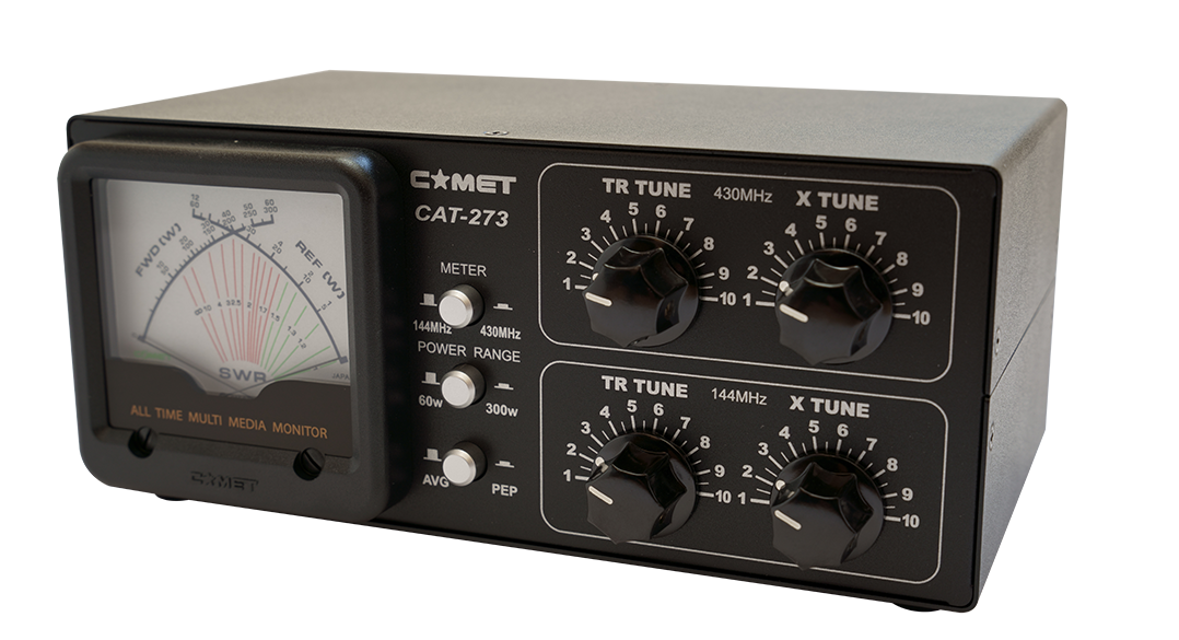 Comet CAT-273 VHF UHF antenna tuner with cross-needle SWR power meter and separate band tuning controls