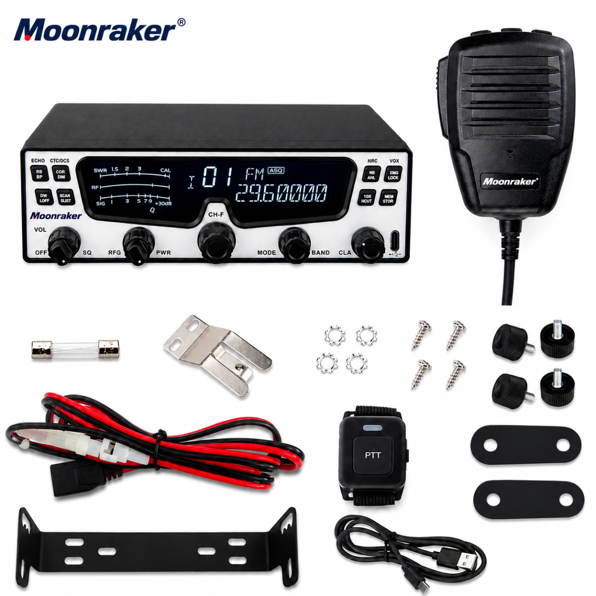 Moonraker Triton 10m mobile transceiver shown with microphone and accessories