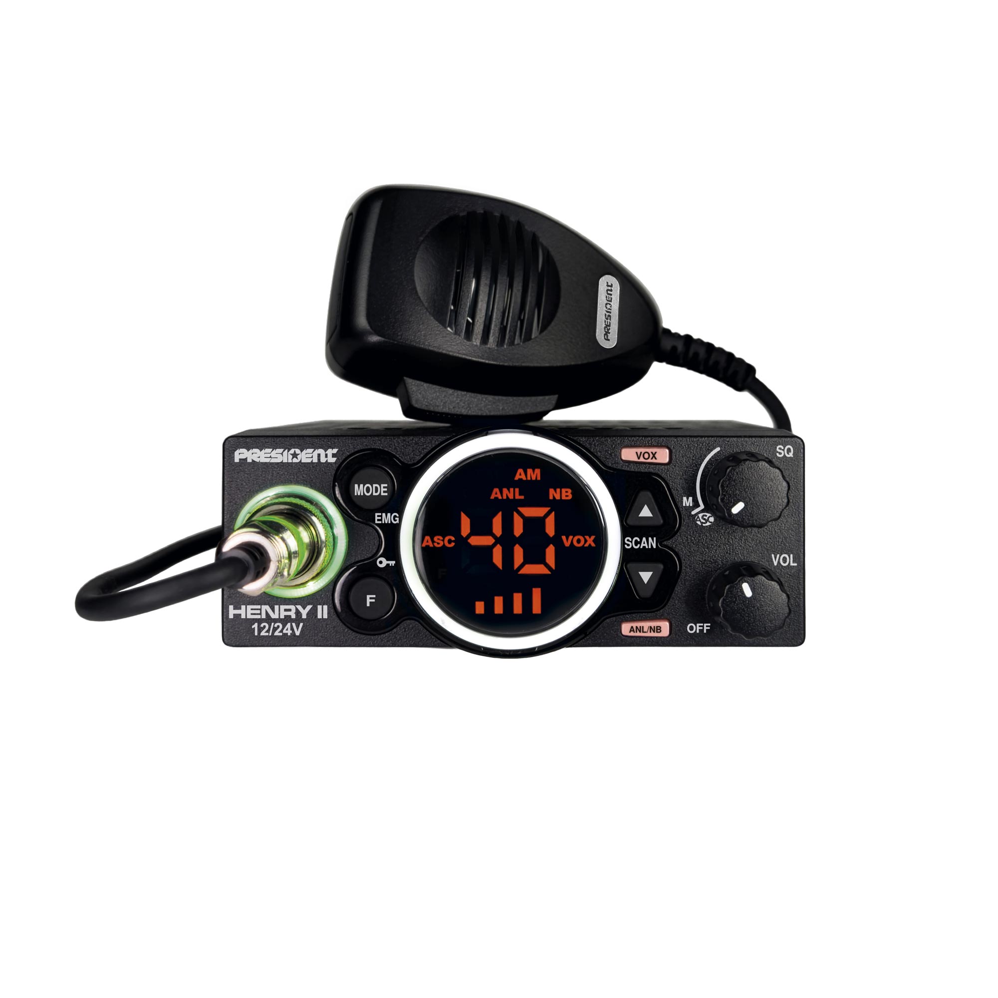 President Henry II 12/24V CB radio fitted with white display ring