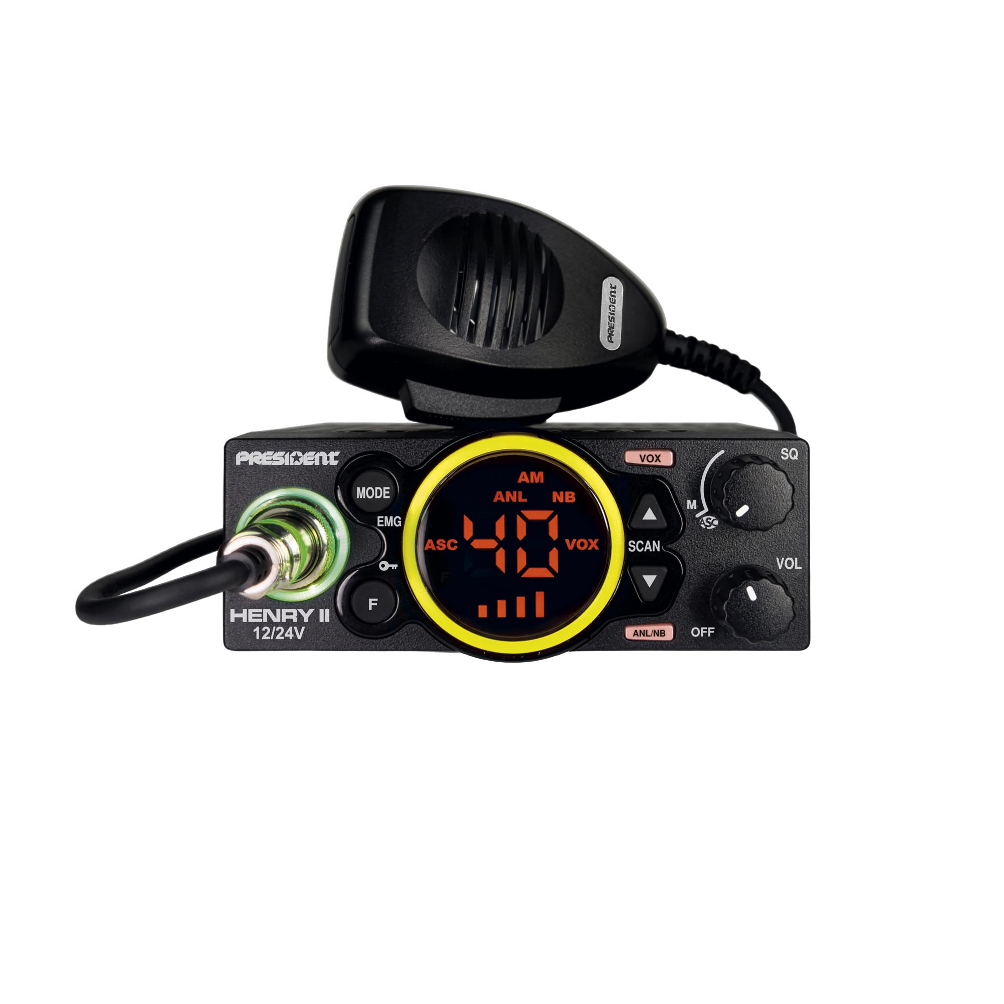 President Henry II compact mobile CB radio with yellow display ring