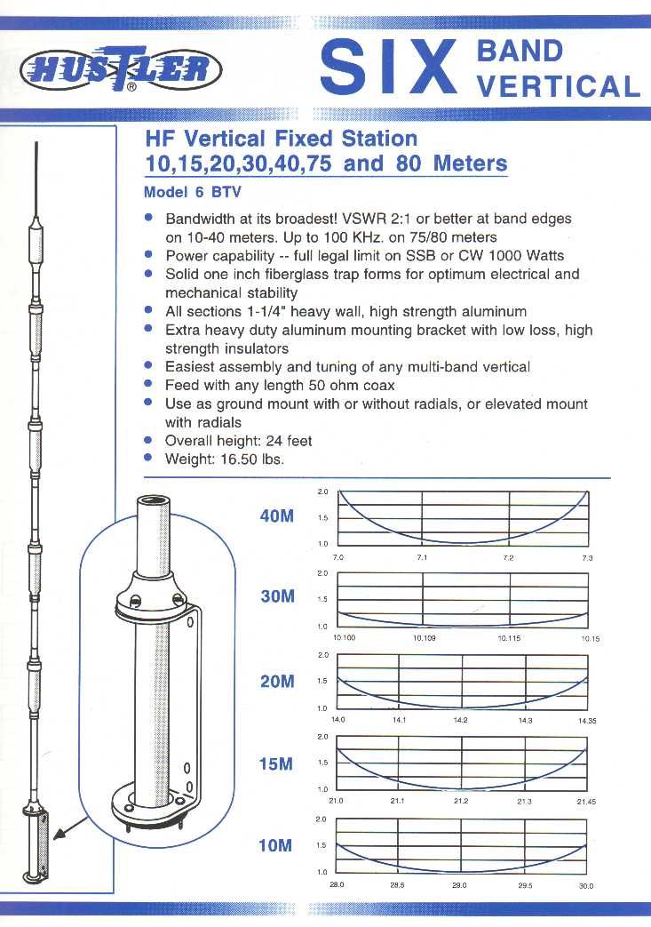 Hustler 6-BTV HF Vertical Base Antenna 6-Band 10-80m, 1kW, 7.3m, 50Ω