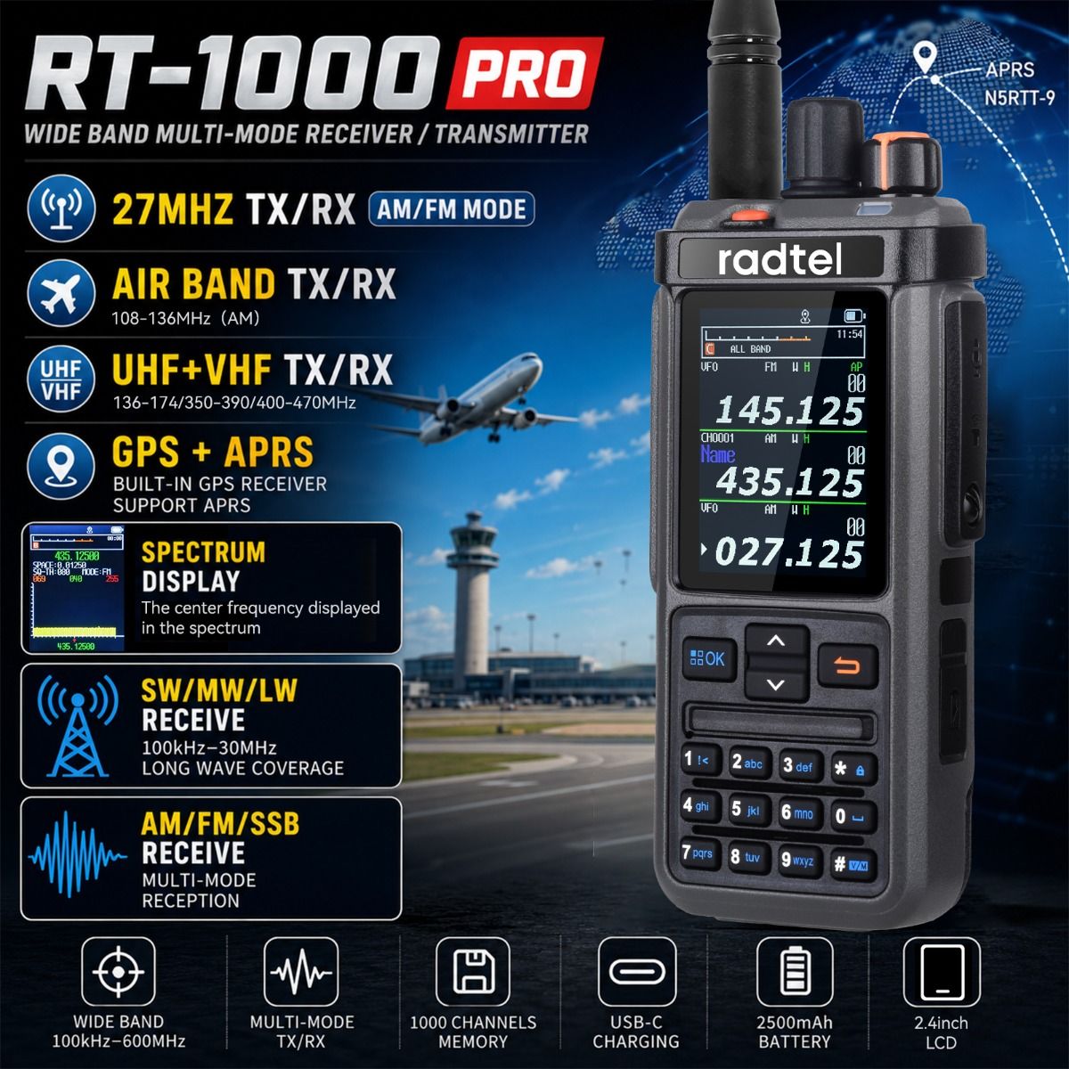 Radtel RT-1000 Pro Quad-Band Handheld Transceiver