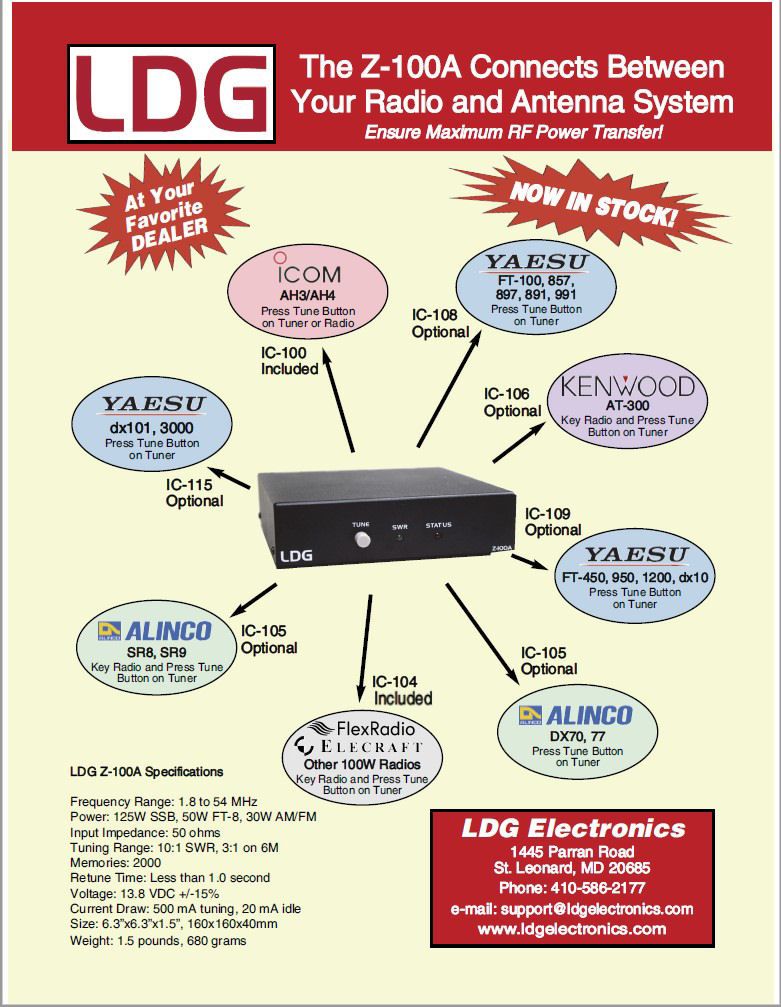 LDG Z-100A Automatic Antenna Tuner 1.8-54MHz, 125W, 2000 Memories, HF+6m